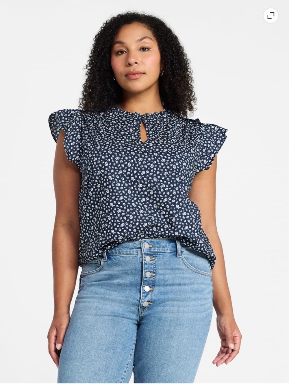 Time and Tru Navy Floral Cotton Split Neck Top with Flutter Sleeves